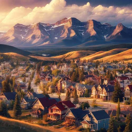 A-captivating-view-of-Cochrane,-Alberta,-showcasing-its-unique-blend-of-western-heritage-and-modern-growth