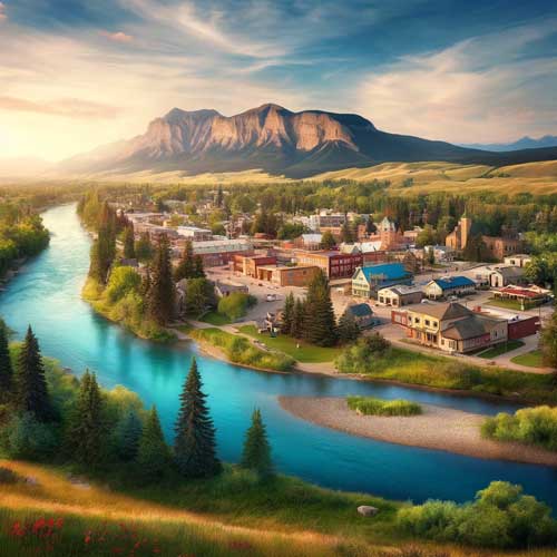 A-picturesque-and-peaceful-view-of-Okotoks,-Alberta,-capturing-its-quaint-downtown-area,-the-serene-Sheep-River,-and-surrounding-nature