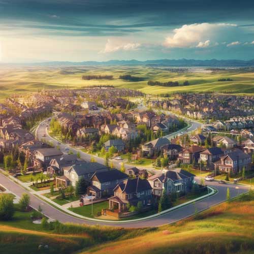 A-scenic-and-inviting-view-of-Airdrie,-Alberta,-highlighting-its-charming-residential-neighborhoods,-green-parks,-and-community-spaces