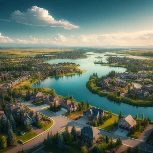 A-serene-and-picturesque-view-of-Chestermere,-Alberta,-showcasing-its-tranquil-lake,-lush-green-spaces,-and-residential-areas-under-a-clear-blue-sky