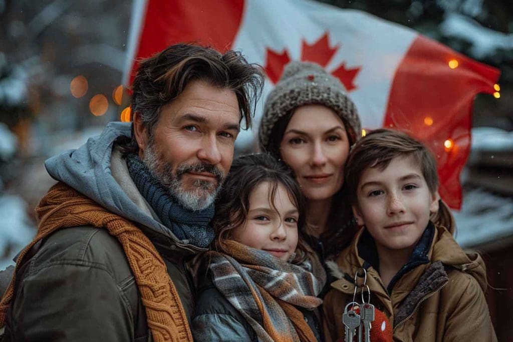 A Canadian family dad mom kids standing happily in bd01269d ab4d 455c 9c20 62496caa3e99 2 - How to Avoid Being a House Poor in Canada: 7 Essential Tips for Financial Stability A Canadian family standing happily in front of their new home, holding keys. The house is a charming two-story with a well-kept lawn. In the background, there's a Canadian flag. The family looks relieved and happy, symbolizing financial stability and success. A soft, warm light illuminates the scene, creating a sense of comfort and security.