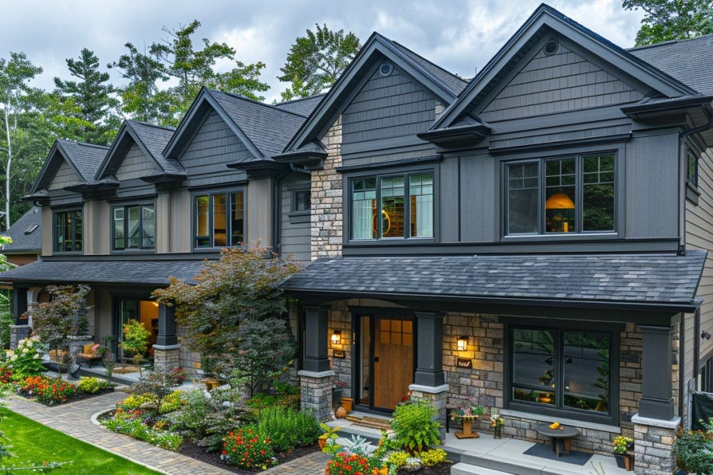 a townhouse in canada dark grey siding finishing - Calgary Townhome Prices Surge Amidst Population Growth town house with a stone and brick facade
