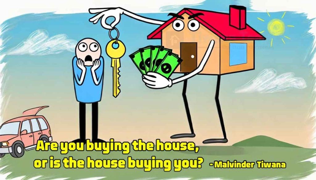 A cartoon style illustration showing a house with human like features including arms and hands - Who's in control: Are you buying the house, or is the house buying you? A-cartoon-style-illustration-showing-a-house-with-human-like-features,-including-arms-and-hands