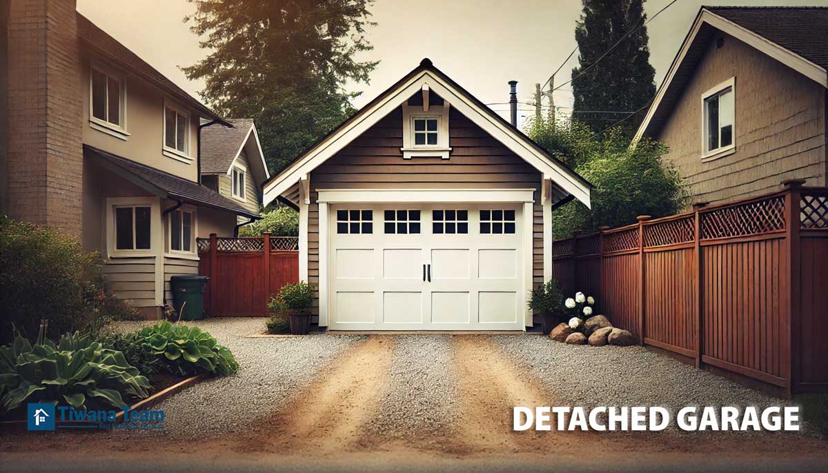 a detached garage with a gravel driveway and a fence