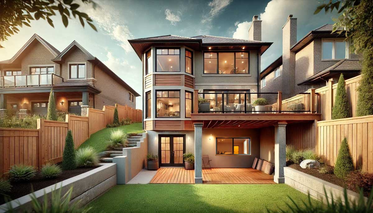 a walkout basement house with a deck and a patio